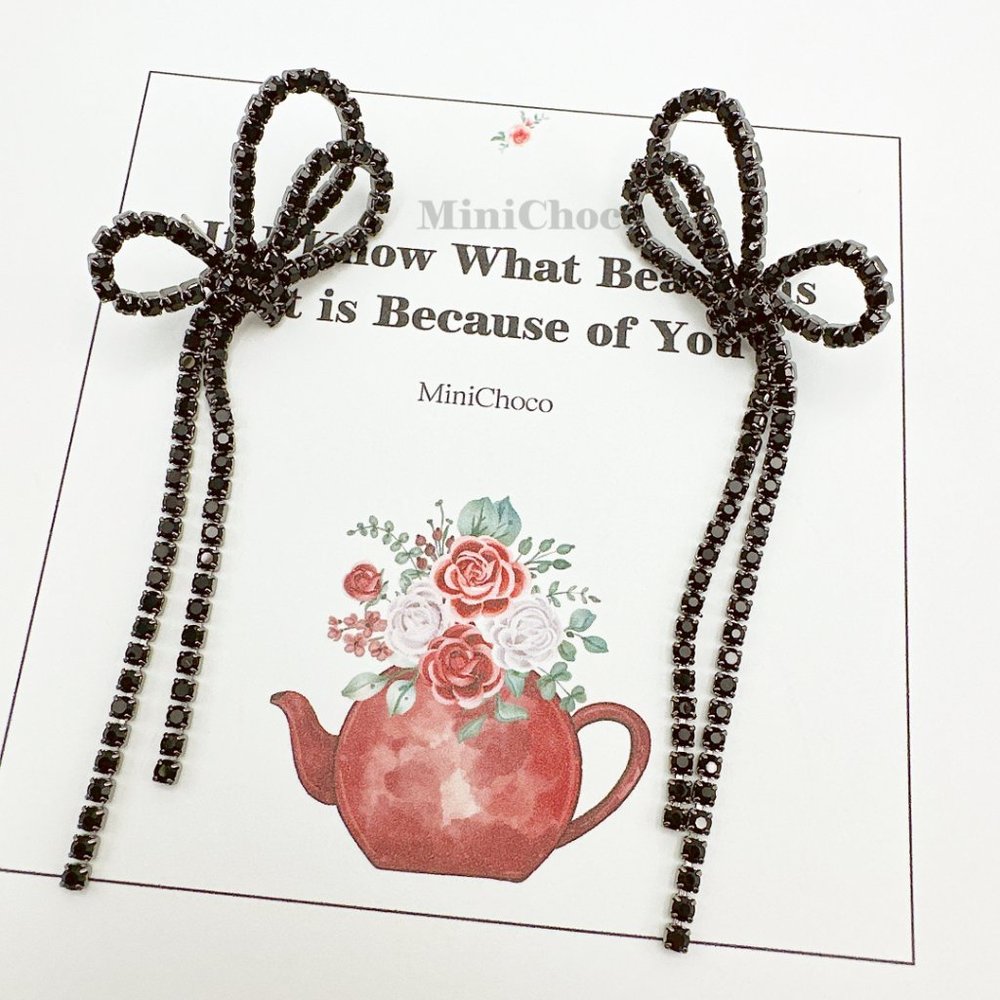 Black Rhinestone Bow Drop Earrings